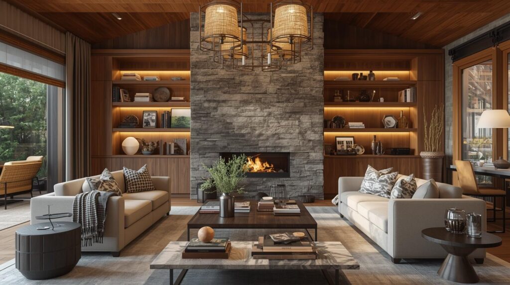 A warm, beautifully designed living room with layered lighting, natural materials, and curated accessories — the DrHomey signature aesthetic. Inviting, grounded, and visually rich.