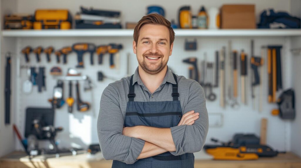 Confident homeowner in their workshop space surrounded by neatly organised tools — smiling, approachable, ready to work. Bright, clean, motivating atmosphere