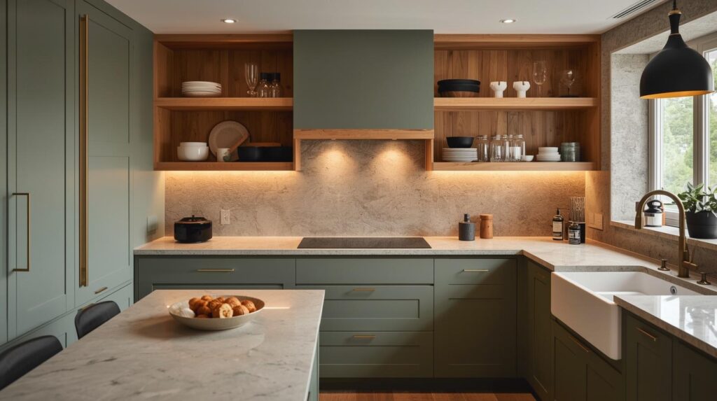 DrHomey kitchen design: handleless cabinetry in warm sage, natural oak open shelving, stone worktops, and under-cabinet lighting creating a warm glow — functional, modern, and deeply inviting.