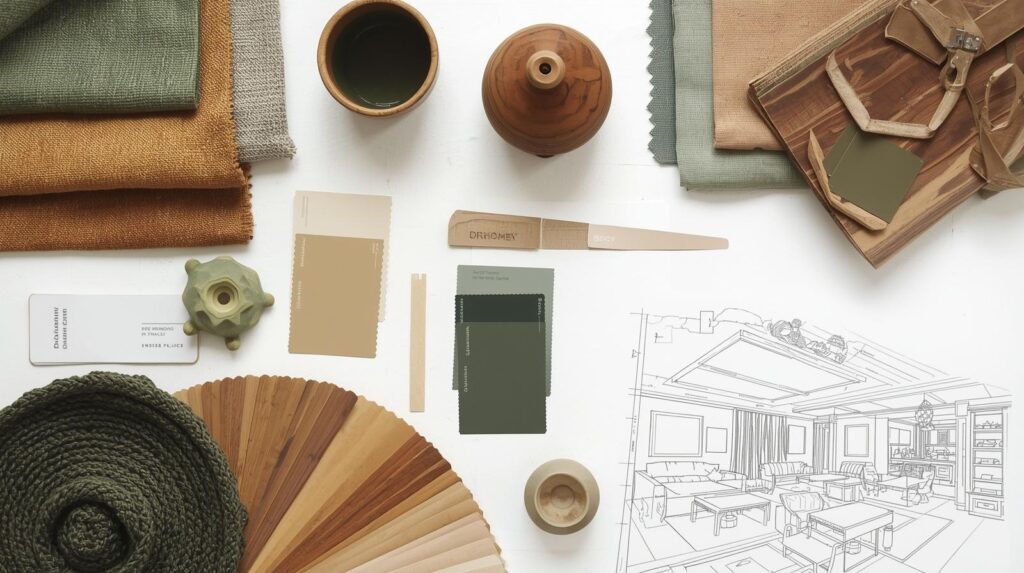 Flat-lay of a designer's mood board: fabric swatches, paint chips in earthy greens and warm neutrals, timber samples, ceramic pieces, and a hand-drawn room layout — the DrHomey planning process in action.