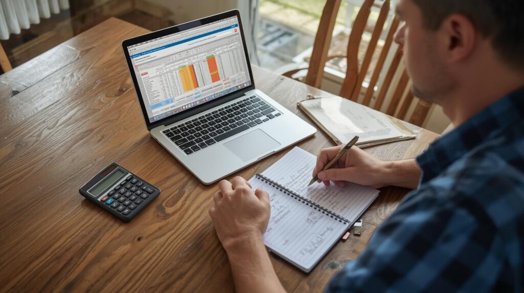 Homeowner at a kitchen table with a notepad, calculator, and laptop open — making cost estimates for a plumbing repair with written notes and figures visible.
