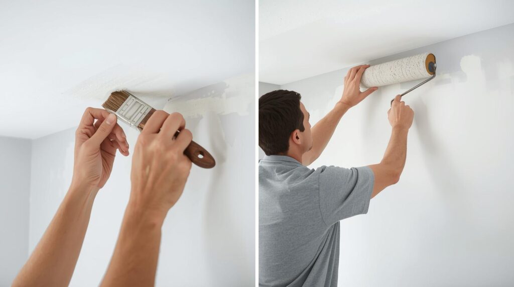 Homeowner cutting in along ceiling edge with a brush in one panel, and rolling the main wall in the other — showing correct technique for both stages of DIY painting.