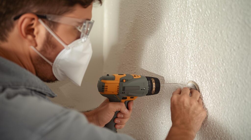 Homeowner wearing safety glasses and dust mask, drilling into a wall with a cordless drill — demonstrating proper PPE use in a real home setting. Clear, instructive