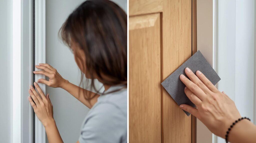 Side-by-side DIY repair shots: person applying door draught seal strip on the left, and sanding a sticking door edge on the right — practical, clear action photography.
