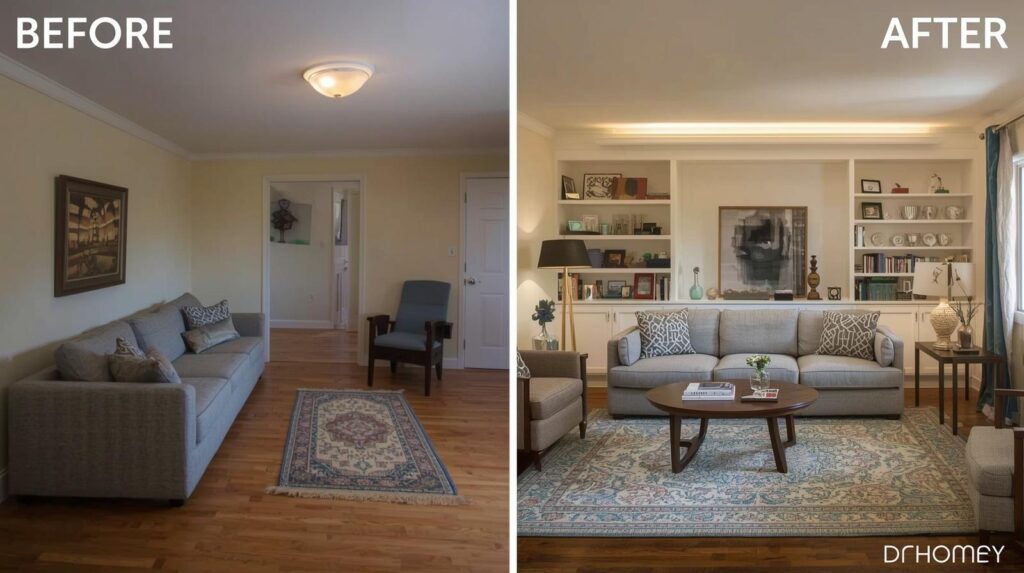 Side-by-side transformation: the same living room before (sofa against the wall, single overhead light, tiny rug, cluttered shelves) and after the DrHomey redesign — floated furniture, layered lighting, edited accessories, and correct rug sizing. Dramatic, believable improvement.