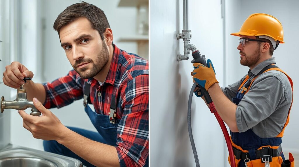 Side-by-side: left shows a homeowner confidently replacing a tap washer themselves (simple DIY); right shows a licensed plumber fixing a complex wall pipe leak (professional job) — clear contrast.