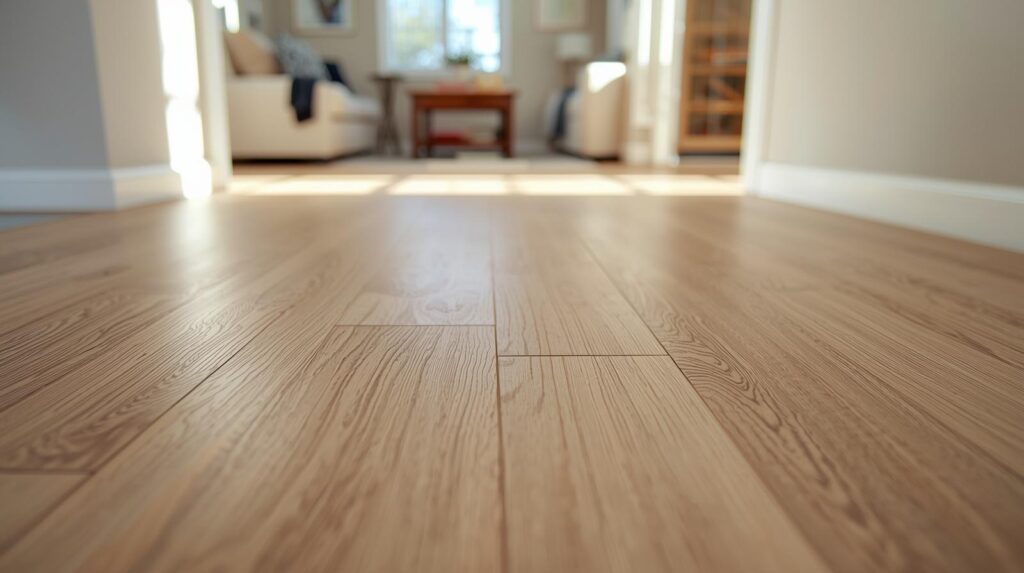 A beautifully finished laminate flooring installation in a modern living room, showing tight, even seams and clean transitions at the baseboard and doorway.