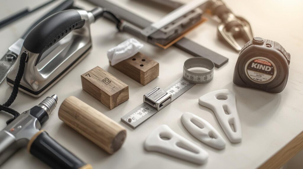 A neatly organized set of laminate flooring installation tools laid out on a work surface, including a tapping block, pull bar, rubber mallet, tape measure, and spacers.