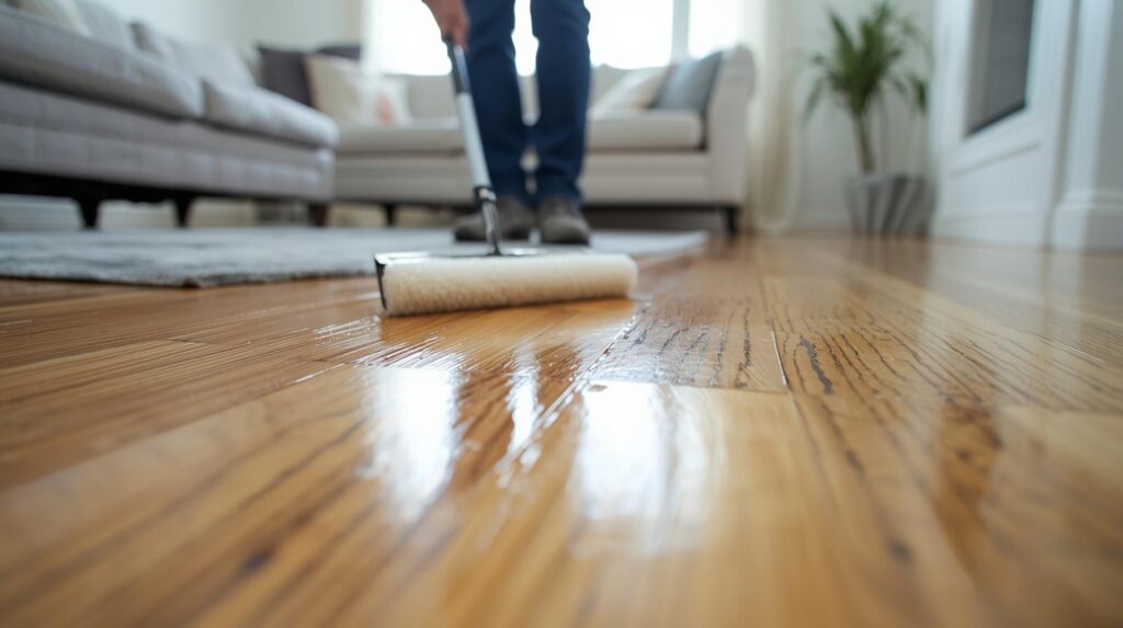 A person applying polyurethane finish to a hardwood floor using a lambswool applicator, working in long strokes along the wood grain in a bright living room.