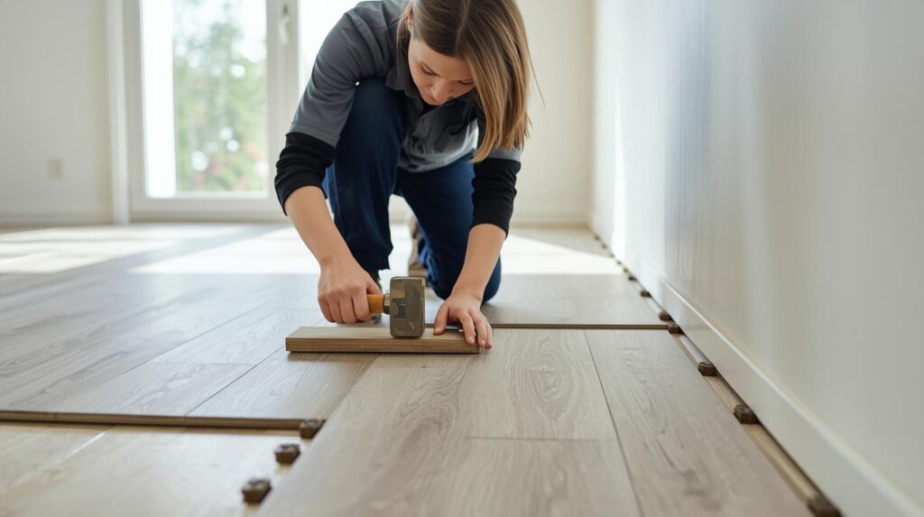 A person installing laminate flooring planks by clicking them together, using a tapping block and rubber mallet, with spacers visible along the baseboards.