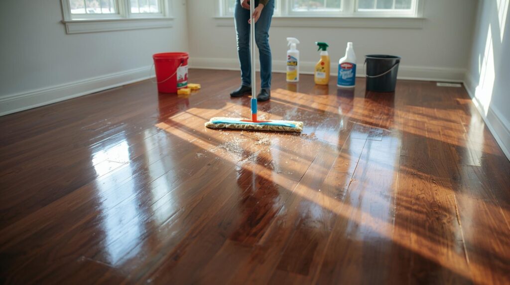 A person mopping a hardwood floor with a hardwood-specific cleaner as part of preparation for refinishing, with cleaning supplies and a well-lit room visible.