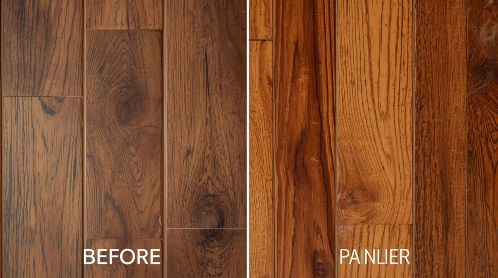 A side-by-side view of a dull, scuffed hardwood floor section next to a freshly refinished glossy section, demonstrating the dramatic difference a screen and recoat achieves.