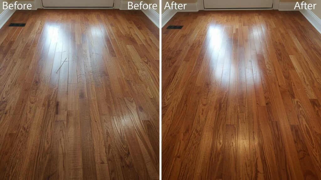 A stunning before-and-after split image of a hardwood floor — left side dull and scuffed, right side gleaming after a no-sand screen and recoat refinishing treatment.