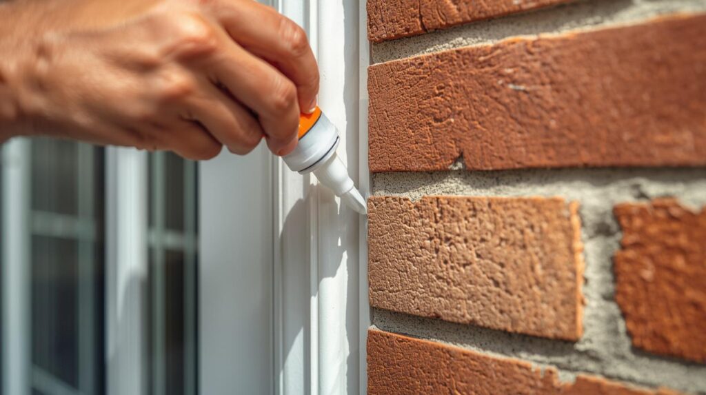 Close-up of hands applying exterior caulk bead around a door frame where it meets brick siding, demonstrating proper gap sealing technique