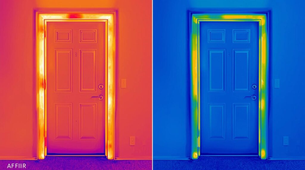 Energy efficiency before-and-after thermal image showing heat loss reduction around a door after new weatherstripping installation