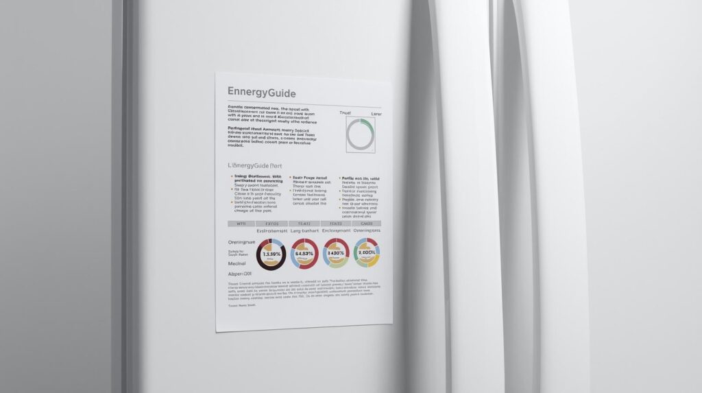 EnergyGuide label close-up on a new refrigerator showing annual kWh consumption and estimated yearly operating cost comparison