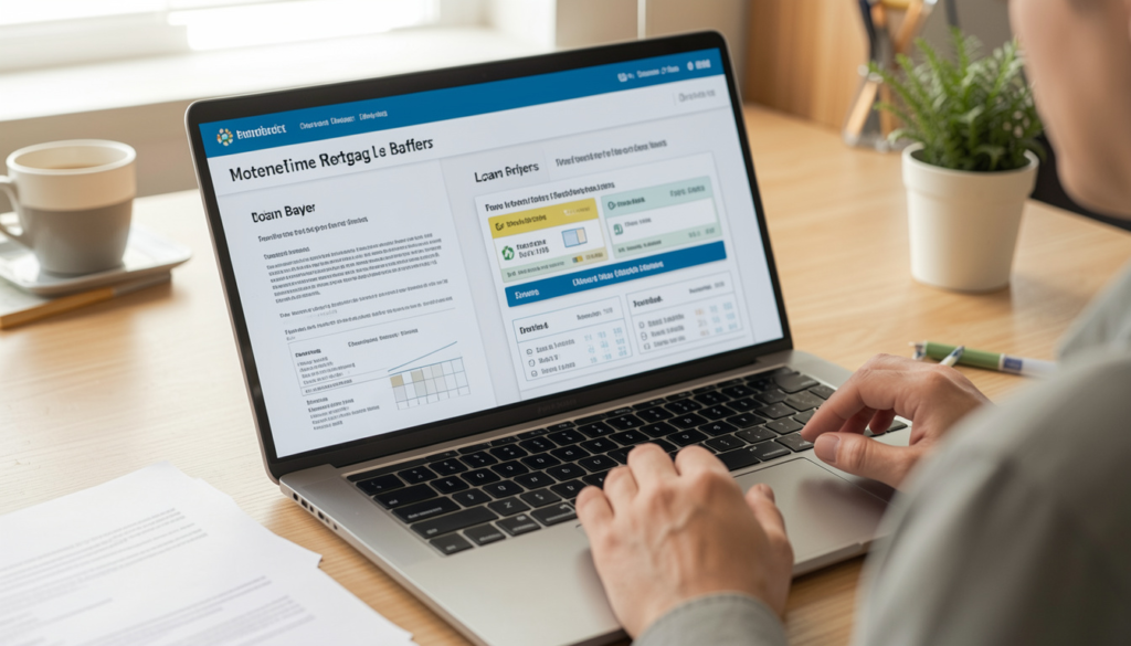 First-time buyer reviewing mortgage documents and comparing loan offers on a laptop