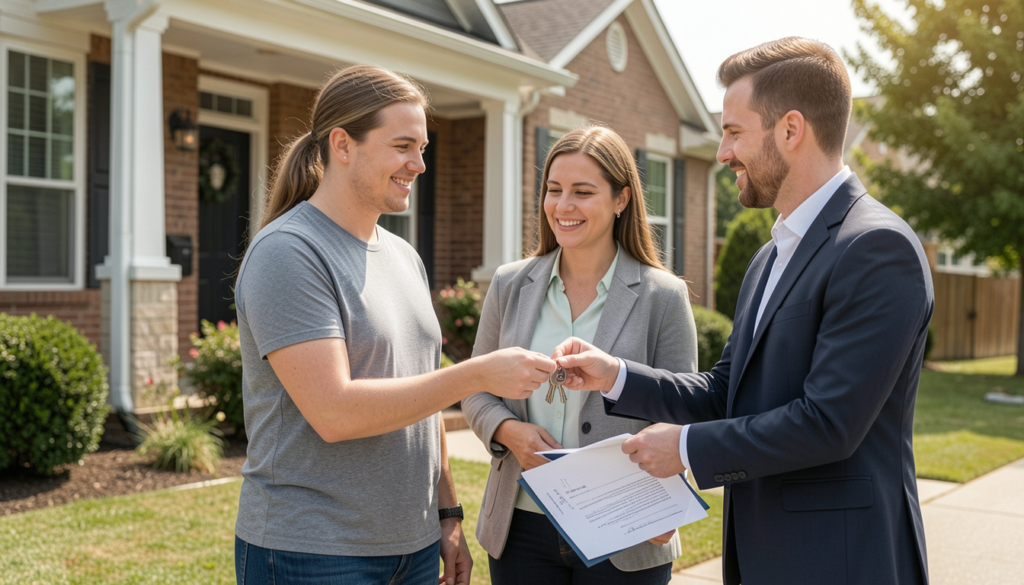 First-time homebuyer couple receiving house keys from a real estate agent outside their new home