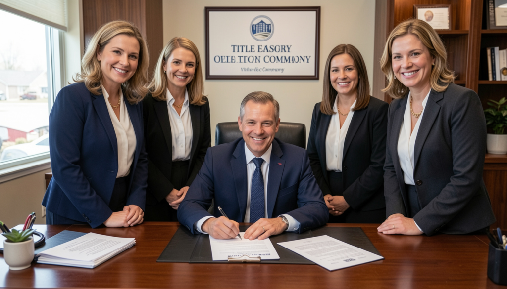 First-time homebuyer signing closing documents at a title company, surrounded by smiling professionals