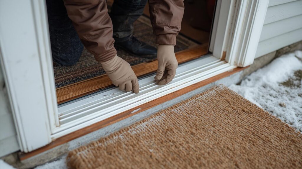 Homeowner installing foam weatherstripping tape along the bottom edge of a drafty exterior door on a cold winter day