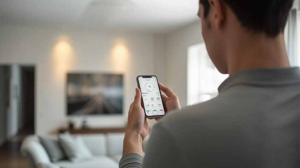 Homeowner using a home energy monitoring app on their smartphone, showing real-time electricity consumption by individual appliance