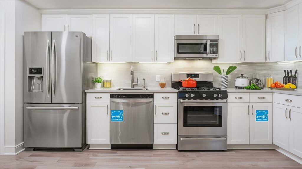 Modern kitchen featuring Energy Star certified appliances — stainless steel refrigerator, dishwasher, and range — with the Energy Star logo visible