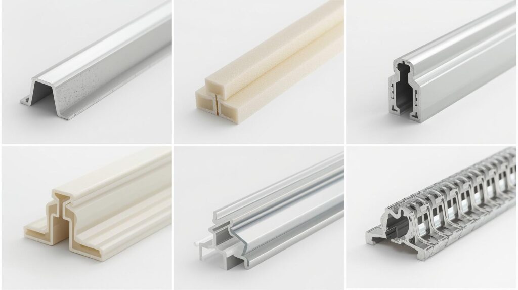 Photo grid showing six types of weatherstripping side-by-side: V-strip, foam tape, door sweep, door shoe, bulb profile, and interlocking metal