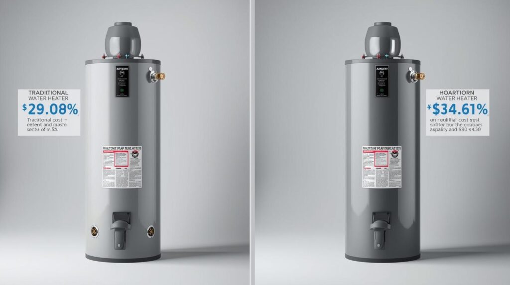 Side-by-side comparison of a traditional electric water heater and a modern heat pump water heater, with annual cost comparison labels
