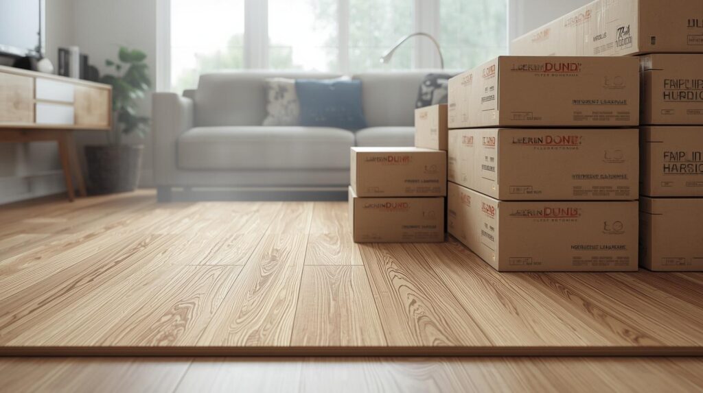 Stacked laminate flooring boxes lying flat in a living room, acclimating before installation, with temperature and humidity in the background context.