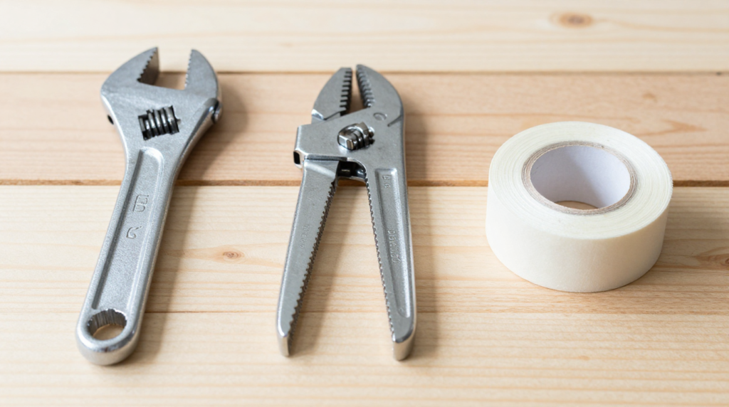 A neatly organized set of plumbing tools including a pipe wrench, pipe cutter, and Teflon tape.