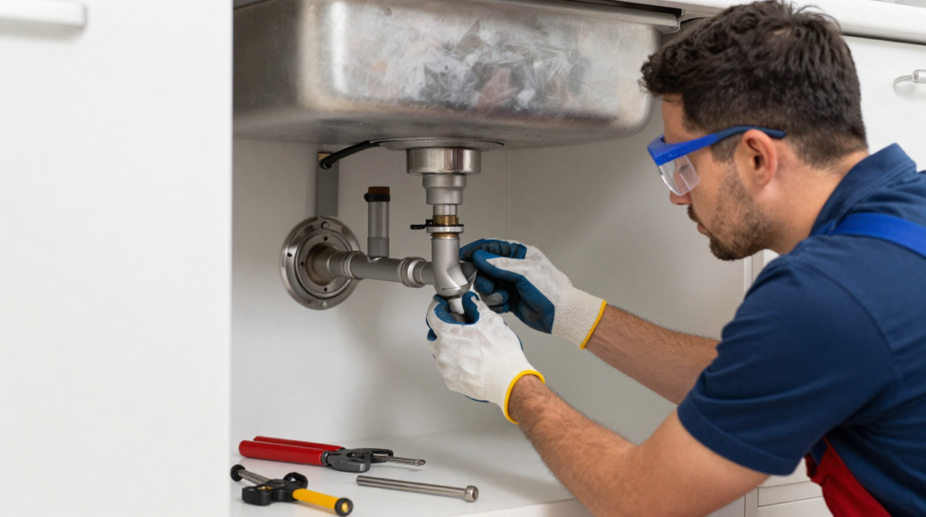A professional plumber installing pipework beneath a kitchen sink with proper safety equipment.