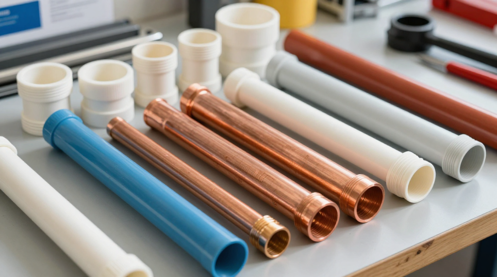 Various types of plumbing pipes, including PVC, copper, and PEX, laid out for comparison.