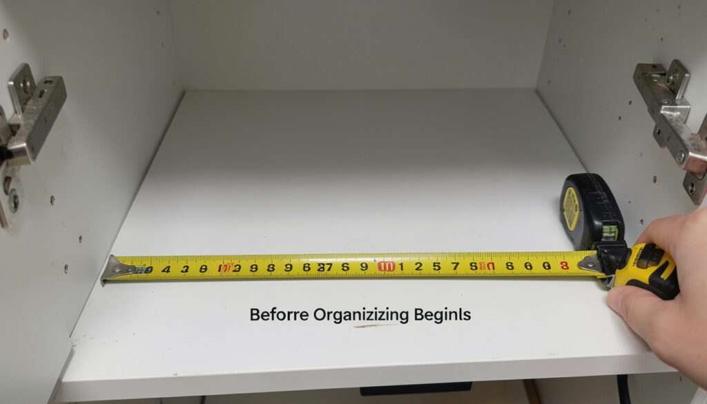 A close-up photo of an empty, measured bathroom cabinet with a tape measure, illustrating the assessment step before organizing begins.