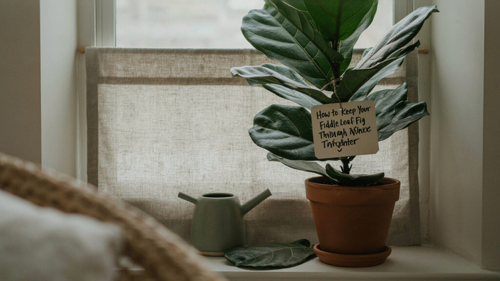  A fiddle leaf fig positioned near a bright window during winter months