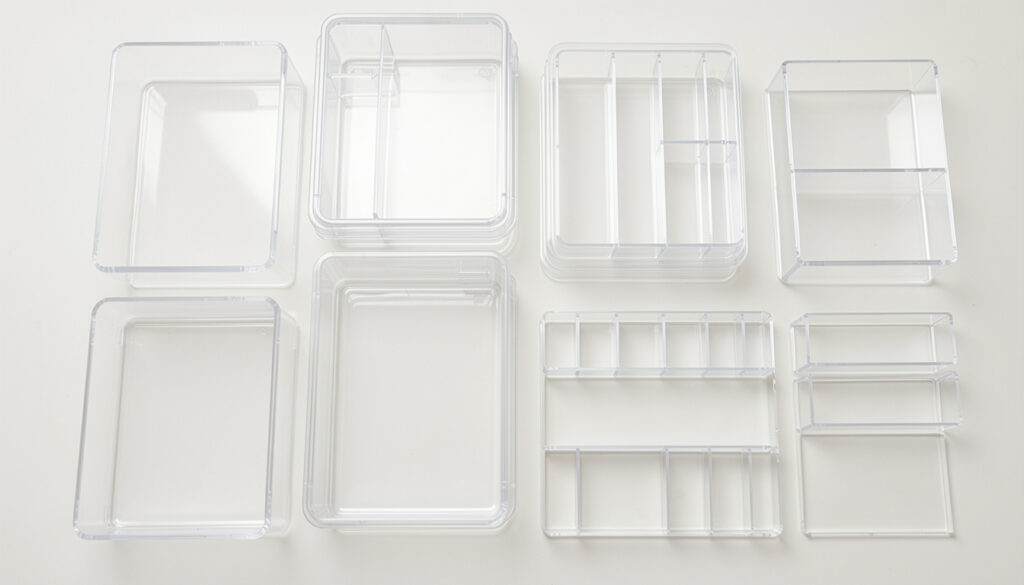  A flat-lay image of clear acrylic bins, stackable trays, and drawer dividers arranged neatly, showcasing organizer options for bathroom cabinets.