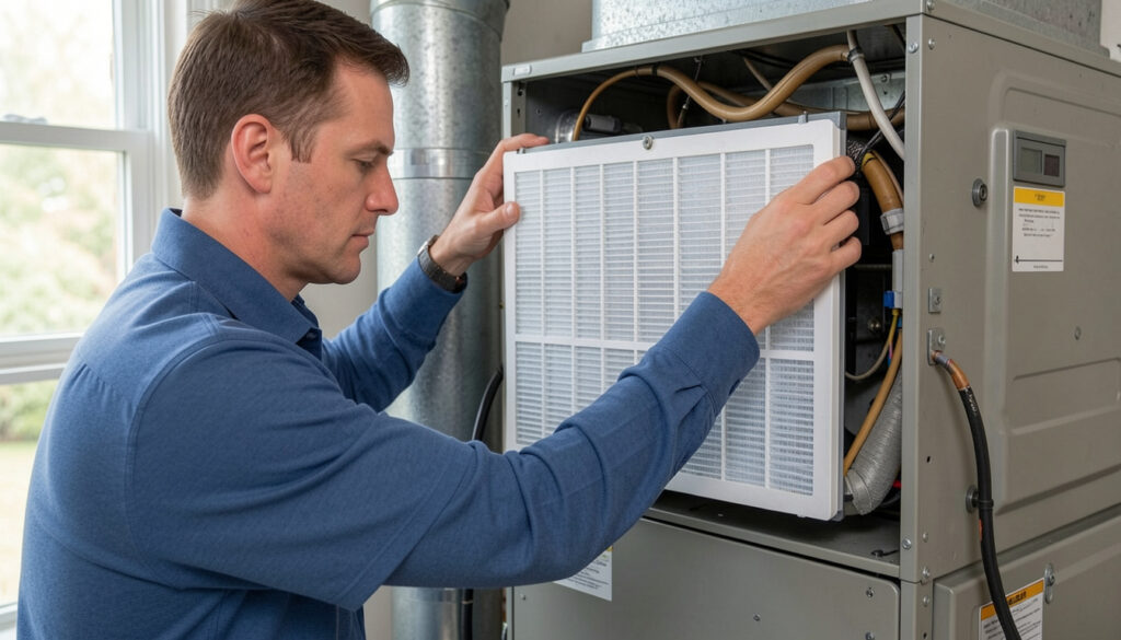  A homeowner correctly installing a new air filter into an HVAC unit