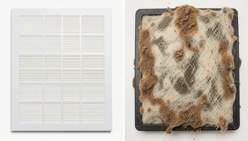  A side-by-side comparison of a clean filter and a heavily clogged filter
