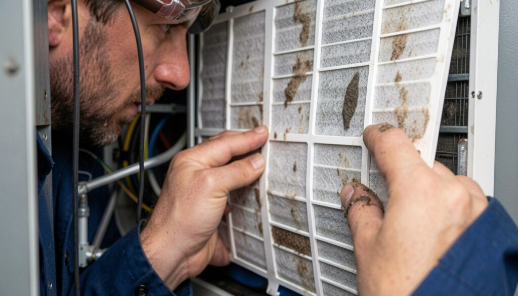 Close-up of a technician replacing a dirty HVAC air filter