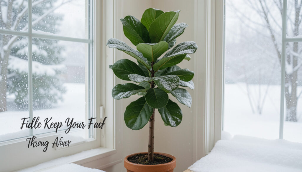 Sunlight streaming through a window onto the glossy leaves of a fiddle leaf fig