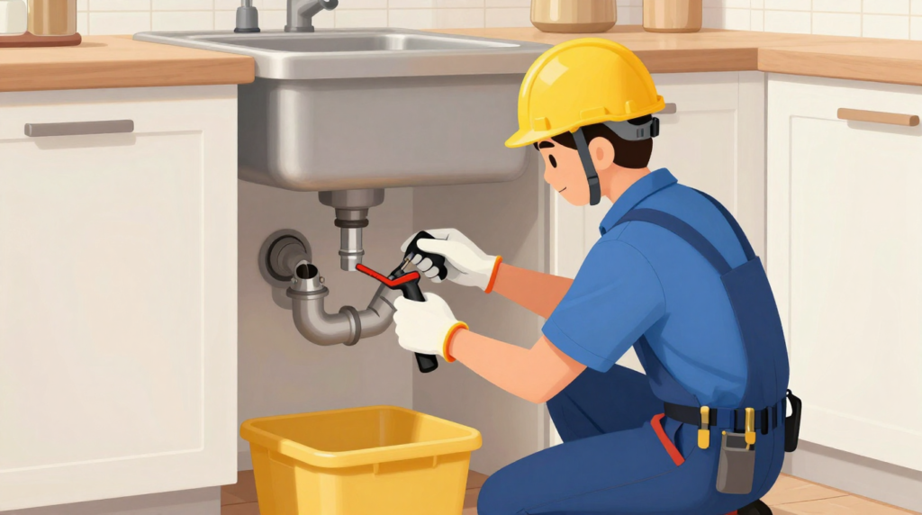 A professional plumber installing pipework beneath a kitchen sink with proper safety equipment.
