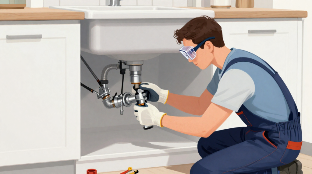 A professional plumber installing pipework beneath a kitchen sink with proper safety equipment.