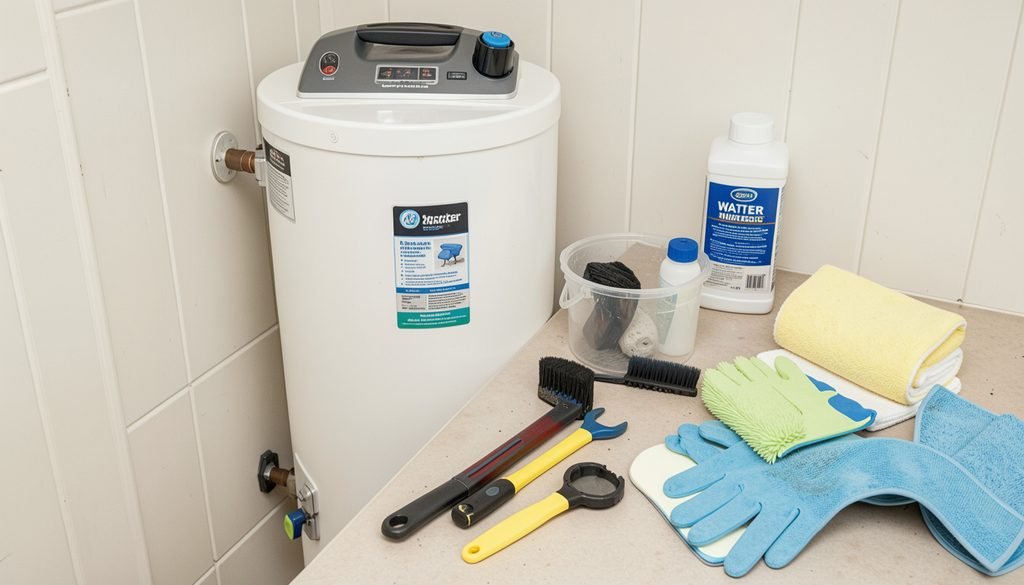 A basic water softener maintenance toolkit including a wrench, stirring stick, and bypass valve key.