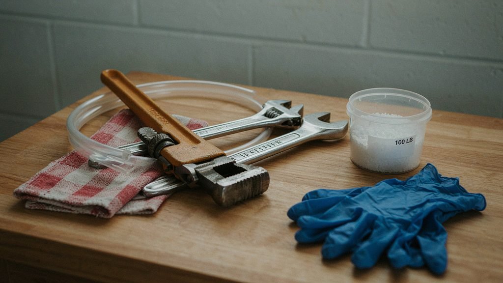 A water hardness test kit being used at a kitchen sink to check softener performance.